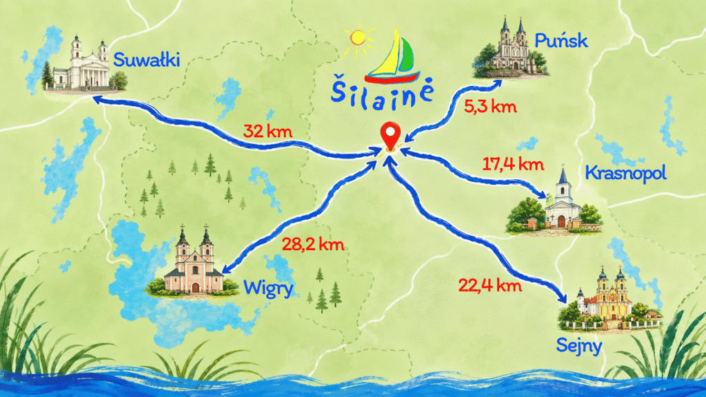 Rysunkowa mapa dojazdu na salę weselną w ośrodku Šilainė pokazująca trasy z Suwałk, Wigier, Sejn, Krasnopola i Puńska.